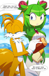  2022 anthro big_breasts blaster blush breasts canid canine cosmo_the_seedrian dialogue duo elemental_creature english_text female flora_fauna fox hi_res humanoid kojiro-brushard looking_offscreen male mammal narrowed_eyes offscreen_character plant seedrian sega sonic_the_hedgehog_(series) sonic_x tails text 