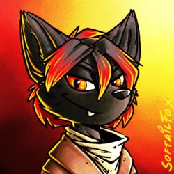  1:1 anthro big_ear big_ears big_eyes black_body black_fur black_hair black_nose clothing felid fur glowing glowing_eyes hair icon jacket looking_at_viewer mammal pantherine profile red_body red_eyes red_fur red_hair scarf shaggy_hair softailfox topwear white_scarf 