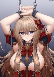  absurdres armpits arms_up azur_lane between_breasts blonde_hair blue_eyes bound bound_wrists breast_curtains breasts chains cuffs dress female fortune_(azur_lane) fortune_(meta)_(azur_lane) hair_between_eyes hair_ornament hair_ribbon highres large_breasts light_blush long_hair looking_at_viewer red_dress ribbon shackles signature simple_background solo ueyama_0clock upper_body 