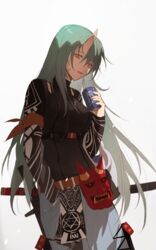  alternate_costume arknights armband beer_can belt black_shirt breasts can cowboy_shot drink drink_can eyelashes female green_hair grey_pants hair_between_eyes hand_in_pocket hexagram highres horns hoshiguma_(arknights) hoshiguma_(ronin_huntress)_(arknights) katana large_breasts long_hair long_sleeves looking_at_viewer mask meng_ziya official_alternate_costume oni_mask open_mouth pants scar scar_on_face sheath sheathed shirt simple_background single_horn skin-covered_horns smile solo star_of_david straight_hair sword towel turtleneck weapon white_background yellow_eyes 