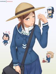  4girls bad_id bad_pixiv_id commentary fish fishing_hook fishing_line fishing_lure fishing_rod glasses hat highres hodaka_natsumi holding holding_fishing_rod houkago_teibou_nisshi kuroiwa_yuuki multiple_girls oono_makoto patreon_username scarf school_uniform straw_hat tsurugi_hina wave_print zen_cross 