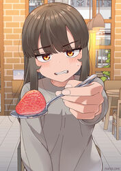  blush breasts brown_eyes brown_hair day female food fruit han_nuri holding holding_spoon indoors korean_commentary long_hair long_sleeves looking_at_viewer medium_breasts nakta original parted_lips photoshop_(medium) solo spoon strawberry sweat teeth twitter_username you&#039;re_under_my_skin! 