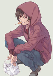  bag black_pants brown_hair brown_jacket charlotte_(anime) commentary_request eating female grey_background hood hooded_jacket hoodie jacket mitsuyo_(mituyo324) mouth_hold otosaka_yuu pants plastic_bag red_eyes simple_background solo squatting 