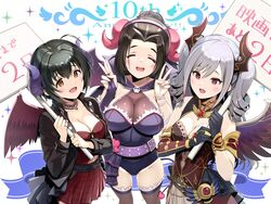  3girls ahoge breasts brown_hair cape cleavage closed_eyes demon_horns double_v drill_hair ebihara_naho elbow_gloves fake_horns gloves grey_hair hair_intakes highres holding holding_sign horns idolmaster idolmaster_cinderella_girls idolmaster_cinderella_girls_starlight_stage kanzaki_ranko kohinata_miho large_breasts leotard mesh multiple_girls plaid plaid_skirt pleated_skirt ponytail see-through see-through_cleavage sign skirt skull_collar thighhighs toruneko twintails v wings 