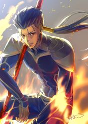  1boy abs armor beads blue_hair bodysuit chama_kou closed_mouth commentary_request cu_chulainn_(fate) cu_chulainn_(fate/stay_night) earrings fate/stay_night fate_(series) fire floating_hair gae_bolg_(fate) hair_beads hair_ornament highres jewelry long_hair looking_to_the_side male_focus muscular muscular_male pauldrons polearm ponytail red_eyes shoulder_armor signature skin_tight solo spear spiked_hair weapon 