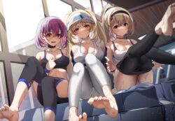  3girls azur_lane bare_shoulders barefoot black_hairband black_jacket black_pants black_sports_bra blonde_hair blue_eyes blunt_bangs blush breasts cleavage feet foot_focus gym gym_uniform hair_between_eyes hairband heaven&#039;s_melody high_ponytail highres indoors jacket kersaint_(azur_lane) kersaint_(reverent_runner)_(azur_lane) large_breasts legs long_hair looking_at_viewer lyon_(azur_lane) lyon_(paired_exercise)_(azur_lane) multiple_girls off_shoulder official_alternate_costume open_mouth painleve_(azur_lane) painleve_(team_stretching)_(azur_lane) panties pants presenting_foot purple_hair red_eyes short_hair sitting smile soles sports_bra sportswear sweat toes twintails underwear white_panties white_pants white_sports_bra window yoga_pants 