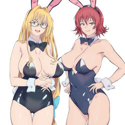  2girls absurdres animal_ears arado_balanga_(xchd7538) armpits bad_id bad_pixiv_id bare_shoulders bespectacled black-framed_eyewear black_leotard blonde_hair blue_leotard breasts cleavage covered_navel detached_collar facing_viewer feet_out_of_frame glasses green_eyes hairband highleg highleg_leotard highres large_breasts leotard long_hair looking_at_viewer mature_female mikado_ryouko multiple_girls open_mouth playboy_bunny rabbit_ears red_hair simple_background standing strapless strapless_leotard tearju_lunatique thigh_gap thighs to_love-ru to_love-ru_darkness white_background wrist_cuffs 