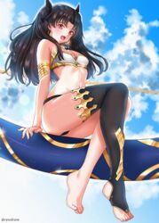  barefoot black_hair black_ribbon blue_sky blush breasts cleavage cloud day earrings fate/grand_order fate_(series) feet female highres hoop_earrings ishtar_(fate) jewelry long_hair looking_at_viewer medium_breasts navel red_eyes ribbon ryudraw single_thighhigh sky smile solo stirrup_legwear thighhighs toeless_legwear toes twintails 