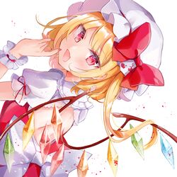  :d backless_outfit blonde_hair blood blush bow collared_shirt commentary_request crystal dutch_angle female flandre_scarlet frilled_shirt_collar frills hand_up hat highres long_hair looking_at_viewer looking_back mob_cap moko_(mokochisa) nail_polish oerba_yun_fang one_side_up open_mouth puffy_short_sleeves puffy_sleeves red_bow red_eyes red_nails red_vest shirt short_sleeves simple_background smile solo touhou vest white_background white_bow white_hat white_shirt wings wrist_cuffs 