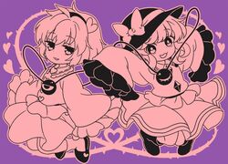  2girls :d arms_at_sides blouse boots bow buttons commentary diamond_button frilled_shirt_collar frilled_sleeves frills hair_ornament hairband hat hat_bow heart heart_button heart_hair_ornament heart_of_string jitome komeiji_koishi komeiji_satori long_sleeves looking_at_viewer medium_hair monochrome multiple_girls open_mouth outstretched_arms purple_background ribbon_trim shirt short_hair siblings simple_background sisters skirt sleeves_past_fingers sleeves_past_wrists slippers smile smug tareme third_eye thorns tomobe_kinuko touhou wide_sleeves 