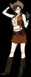  black_background black_gloves black_hair boots bracelet brown_eyes brown_skirt cowboy_boots cowboy_hat cowgirl_(western) crop_top female final_fantasy final_fantasy_vii final_fantasy_vii_remake full_body gimp_(medium) gloves hat jewelry long_hair looking_at_viewer navel official_art roberto_ferrari simple_background skirt sleeveless smile solo standing stomach tassel tifa_lockhart tifa_lockhart_(cowgirl) vest 