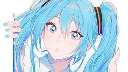  43_pon artist_name blue_eyes blue_hair blue_nails blue_theme blush border close-up collared_shirt commentary dot_nose expressionless eyelashes female fingernails hair_between_eyes hand_rest hands hatsune_miku highres leaning leaning_to_the_side light_blush long_hair looking_at_viewer nose_blush parted_lips shirt simple_background sleeveless sleeveless_shirt solo star_(symbol) star_in_eye straight_hair symbol_in_eye tareme twintails upper_body vocaloid white_background white_border white_shirt 