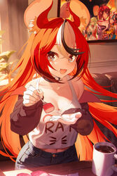  adapted_costume animal_ear_fluff animal_ears black_hair black_jacket blue_eyes blush breasts cake ceres_fauna ceres_fauna_(new_year) cleavage clothes_writing coffee coffee_mug cup denim denim_shorts drawing_(object) english_commentary female food fork hakos_baelz hakos_baelz_(new_year) highres holding holding_fork hololive hololive_english incoming_food irys_(hololive) irys_(new_year)_(hololive) jacket japanese_clothes jiang_ye_kiri kimono long_hair long_sleeves looking_at_viewer mask mask_on_head medium_breasts mouse_ears mouse_girl mug multicolored_clothes multicolored_hair multicolored_kimono navel official_alternate_costume open_mouth picture_frame pink_kimono plant print_kimono purple_kimono red_hair shorts smile streaked_hair swiss_roll tank_top very_long_hair virtual_youtuber white_hair white_tank_top 