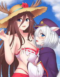  2girls :d abashiri_(mist_train_girls) animal_ears antlers bare_arms bare_shoulders bikini blue_eyes blue_sky blush breasts brown_hair brown_headwear cape cleavage cloud collarbone commentary_request day etan14 flower grey_hair hair_between_eyes hand_up hat hat_flower highleg highleg_bikini highres horns large_breasts long_hair long_sleeves mist_train_girls multiple_girls nara_(mist_train_girls) open_mouth outdoors peaked_cap pleated_skirt purple_cape purple_headwear purple_skirt red_flower ribbon-trimmed_bikini shirt skirt sky small_breasts smile strapless strapless_bikini sweat swimsuit very_long_hair wavy_mouth white_bikini white_shirt wide_sleeves 