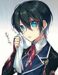  1boy armor black_hair blue_eyes buttons double-breasted hebino_rai holding holding_towel horikawa_kunihiro japanese_armor kote lips male_focus rain ribbon solo touken_ranbu towel wet wet_hair 