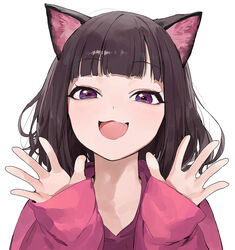  animal_ears blunt_bangs bob_cut brown_hair cat_ears commentary female kmnz light_blush loose_hair_strand mc_liz modare oerba_yun_fang open_mouth outstretched_hand photoshop_(medium) pink_shirt profile purple_eyes shirt simple_background sleeves_past_wrists smile solo sweater virtual_youtuber white_hair 