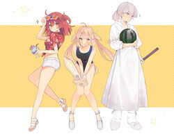  1boy 2girls ahoge artoria_caster_(fate) artoria_pendragon_(fate) black_one-piece_swimsuit blonde_hair blue_eyes blush boots breasts cup diamond_hairband drinking_glass eyewear_on_head fate/grand_order fate_(series) floral_print food fruit fujimaru_ritsuka_(female) fujimaru_ritsuka_(female)_(tropical_summer) full_body fur_boots green_eyes grey_hair hair_ornament hair_scrunchie hawaiian_shirt long_hair looking_at_viewer looking_to_the_side medium_breasts midriff multiple_girls new_school_swimsuit oberon_(fate) one-piece_swimsuit one_side_up orange_eyes orange_hair orange_scrunchie red_shirt sandals school_swimsuit scrunchie shirt short_hair short_ponytail short_shorts shorts small_breasts smile stick sunglasses swimsuit tied_shirt twintails uxco0 watermelon white_shirt white_shorts 