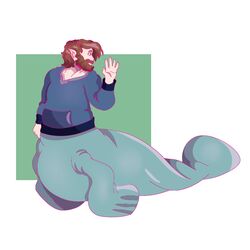  1:1 beard brown_hair clothed clothing drawfee_(copyright) facial_hair fin gihguto hair hi_res hoodie humanoid_pointy_ears male mammal manatee manatee_merfolk marine merfolk nathan_yaffe_(character) sirenian solo split_form tail tail_fin taur topwear 