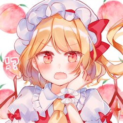  !? ascot blonde_hair blush bow collared_shirt commentary_request female flandre_scarlet food frilled_shirt_collar frills fruit hand_on_own_face hand_up hat long_hair looking_at_viewer mob_cap moko_(mokochisa) nail_polish one_side_up open_mouth orange_ascot peach puffy_short_sleeves puffy_sleeves red_bow red_eyes red_nails red_vest shirt short_sleeves solo touhou upper_body v-shaped_eyebrows vest wavy_mouth white_background white_hat white_shirt 