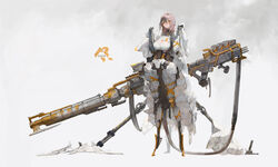  absurdres armor breasts character_name cleavage cleavage_cutout cloak clothing_cutout exoskeleton female full_body gloves grey_hair gun highres huge_weapon looking_at_viewer mecha_musume orange_eyes original oversized_object photoshop_(medium) shoulder_strap simple_background soha_(littlesummerpe) solo standing stilts tripod unworn_cloak weapon 