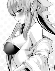  bikini blush breasts commentary_request fate/grand_order fate_(series) female folding_fan from_side greyscale hand_fan highres holding holding_fan kiyohime_(fate) kiyohime_(swimsuit_lancer)_(fate) long_hair looking_at_viewer medium_breasts monochrome ponytail profile sideboob sideways_glance smile swimsuit upper_body wisespeak 