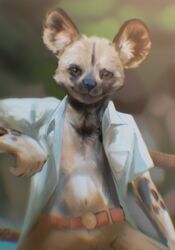  african_wild_dog anthro big_ears blurred_background brown_body brown_eyes brown_fur canid canine clothing fur hi_res looking_at_viewer male mammal nipples patreon_artist patreon_username solo stampmats student uniform young young_male 