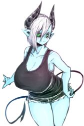  absurdres alternate_costume black_horns black_sclera black_tank_top blue_skin blush colored_sclera colored_skin demon_horns denim denim_shorts female green_eyes highres horns leaning_forward looking_at_viewer marker_(medium) musuko_ga_kawaikute_shikatanai_mazoku_no_hahaoya short_hair shorts smile tank_top teresa_(mazohaha) thick_thighs thighs traditional_media white_background white_hair zyugoya 