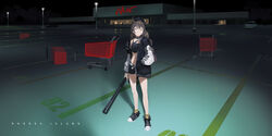  3d ahoge arknights baseball_bat blueman braid brown_eyes brown_hair car cuora_(arknights) female green_hair hat highres lamppost long_hair motor_vehicle multicolored_hair night parking_lot shadow shoes shop shopping_cart sneakers streaked_hair twin_braids 