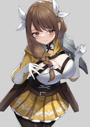  absurdres armor belt belt_buckle black_corset black_pantyhose blush braid breasts brown_belt brown_eyes brown_hair buckle cleavage closed_mouth commentary_request corset cowboy_shot elbow_gloves female fire_emblem fire_emblem_engage gloves goldmary_(fire_emblem) grey_background hair_over_shoulder hair_ribbon hako_momiji hands_up highres large_breasts long_hair looking_at_viewer low-braided_long_hair low-tied_long_hair miniskirt mole mole_on_breast pantyhose pleated_skirt ribbon shoulder_armor simple_background skirt smile solo standing white_gloves yellow_skirt 