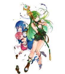  3girls aged_down armor barefoot blue_dress blue_eyes blue_gloves blue_hair breastplate broken broken_armor broken_weapon catria_(fire_emblem) dress est_(fire_emblem) fingerless_gloves fire_emblem fire_emblem:_mystery_of_the_emblem fire_emblem_heroes full_body gloves green_dress green_eyes green_gloves green_hair hanekoto headband highres long_hair multiple_girls non-web_source official_art one_eye_closed open_mouth palla_(fire_emblem) parted_lips pegasus_knight_uniform_(fire_emblem) pink_hair polearm shoes short_dress short_hair shorts shoulder_armor shoulder_pads siblings sisters spear toes torn_clothes transparent_background weapon 