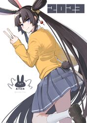  2023 absurdres alternate_costume animal_ears black_hair blue_eyes breasts chinese_zodiac commentary_request contemporary fake_animal_ears fake_tail fate/grand_order fate_(series) female happy_new_year highres loafers long_hair looking_at_viewer medium_breasts melty_blood:_type_lumina o_mochi_(usami31mi) official_alternate_costume parted_bangs rabbit_ears school_uniform shoes side_ponytail skirt smile socks solo sweater tail tsukihime tsukihime_(remake) ushiwakamaru_(fate) v very_long_hair white_background white_socks year_of_the_rabbit yellow_sweater 