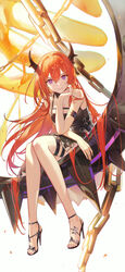  arknights arm_support bare_shoulders black_dress black_footwear breasts buckle chains cleavage closed_mouth commentary demon_girl demon_horns dress eyelashes feet female full_body hair_between_eyes head_rest high_heels highres horns iino_(isnyong) infection_monitor_(arknights) large_breasts lava legs lips long_hair looking_at_viewer nail_polish pink_nails purple_eyes red_hair sandals sitting slit_pupils smile strappy_heels surtr&#039;s_golem_(arknights) surtr_(arknights) thigh_strap toenail_polish toenails toes very_long_hair 