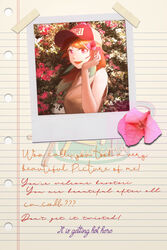  absurdres alternate_costume baseball_cap breasts bush earrings english_text faux_photograph feather_earrings feathers female flower gradient_hair green_hair hat highres hololive hololive_english jewelry looking_at_viewer medium_breasts multicolored_hair notebook open_mouth orange_hair photo_(object) pink_eyes polaroid shirt sleeveless sleeveless_shirt solo takanashi_kiara vincent_wu virtual_youtuber 