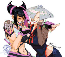  2girls a.k.i._(street_fighter) absurdres arm_around_shoulder black_hair bracelet china_dress chinese_clothes claw_(weapon) dress earrings grey_hair hair_horns hair_over_one_eye highres jewelry juri_han laughing laughing_girls_(meme) meme multicolored_hair multiple_girls navel relusionh spiked_bracelet spikes stomach streaked_hair street_fighter street_fighter_6 tassel tassel_earrings upper_body weapon 