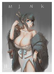  bare_shoulders black_cat black_hair blue_eyes blush border breasts coat collarbone commentary dress english_commentary feline female fur_coat grey_dress grey_shirt hair_behind_ear hair_ornament hair_stick highres huge_breasts looking_at_viewer maboroshi_kirin mink_(animal) off_shoulder original parted_lips shirt solo strapless strapless_shirt white_border 