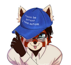  2024 ailurid anthro autism black_hair blue_clothing blue_eyes blue_hat blue_headwear brown_body brown_fur claws clothing ears_up english_text eyewear fluffy_ears fur glasses glistening glistening_eyes glowing glowing_eyes gummyfishowo hair hat headgear headwear looking_at_viewer male mammal mitya_(mitrotsky) office_clothing please_be_patient_i_have_autism red_body red_fur red_panda shirt short_hair smile smiling_at_viewer sparkles star text tongue tongue_out topwear white_body white_clothing white_fur white_shirt white_topwear 