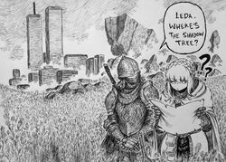  1other ? ?? absurdres armor braid cape chronozbergh cloak crown_braid drake_&amp;_josh elden_ring english_text female field graphite_(medium) greyscale helmet highres holding holding_map jitome looking_at_viewer looking_down map meme monochrome needle_knight_leda new_york_city outdoors own_hands_together photo-referenced reading real_life real_world_location speech_bubble tarnished_(elden_ring) traditional_media upper_body wheat_field where&#039;s_the_door_hole?_(meme) world_trade_center 