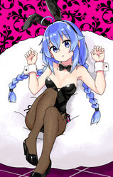  ahoge animal_ears armpits black_bow black_bowtie black_footwear black_leotard blue_eyes blue_hair bow bowtie braid breasts brown_thighhighs cleavage closed_mouth collar cushion eyebrows_hidden_by_hair fake_animal_ears female full_body hair_between_eyes high_heels highres large_breasts leotard long_hair looking_at_viewer mushoku_tensei nangong_(skarndrnjs) playboy_bunny roxy_migurdia sitting solo thighhighs twin_braids very_long_hair white_collar white_wrist_cuffs wrist_cuffs 