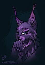  abstract_background anthro blue_eyes eyelashes felid feline female hair hand_lick licking long_ears looking_at_viewer lynx mammal neck_tuft portrait purple_hair simple_background solo stirren tongue tuft 