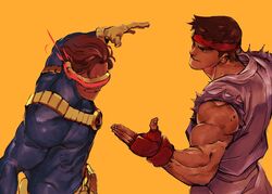  2boys biceps brown_hair cyclops_(x-men) dougi gloves headband highres imminent_hand_holding male_focus marvel multiple_boys muscular muscular_male red_headband revision ryu_(street_fighter) simple_background smile street_fighter torn_clothes torn_sleeves upper_body x-men x-men_vs._street_fighter yeet_sonny yellow_background yellow_gloves 