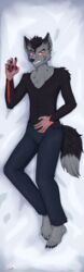  absurd_res angry anthro bared_teeth barefoot black_body black_fur bottomwear canid canine chest_tuft clothing dakimakura dakimakura_design dark_matter_(li&#039;l_melon) facial_scar feet fur glowing glowing_eyes glowing_hands grey_body grey_fur growling hi_res looking_at_viewer lying male mammal mohawk on_side pants red_eyes scar shirtless solo strays_in_paradise toynako tuft unknown_species 