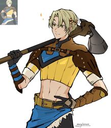  1boy alfred_(fire_emblem) alternate_costume axe battle_axe black_gloves blonde_hair crop_top fire_emblem fire_emblem_engage gloves green_eyes highres holding holding_axe male_focus merylemons navel prince solo upper_body weapon 