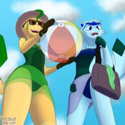  1:1 absurd_res anthro bag ball beach_ball big_breasts bikini blue_body blue_clothing blue_eyes blue_fur bottomwear breasts brown_eyes clothed clothing duo eeveelution eyewear female fur generation_4_pokemon glaceon green_body green_clothing green_fur hair hat headgear headwear hi_res inflatable leafeon lisa_devellis low-angle_view marissa_reinhart nintendo one-piece_swimsuit pattern_clothing pokemon pokemon_(species) scoutthecat02 skirt sky_background smile sun_hat sunglasses swimwear tan_body tan_fur thick_thighs towel towel_wrap two-piece_swimsuit under_boob upskirt worm&#039;s-eye_view 