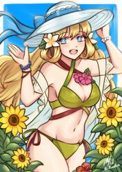  :d bare_shoulders bikini blonde_hair blue_eyes breasts cleavage commission female fire_emblem fire_emblem_heroes flower green_bikini hair_between_eyes hair_flower hair_ornament hat highres long_hair looking_at_viewer navel official_alternate_costume open_mouth rotomdocs side-tie_bikini_bottom smile solo star-shaped_pupils star_(symbol) sun_hat sunflower swimsuit symbol-shaped_pupils teeth twitter_username upper_teeth_only ymir_(fire_emblem_heroes) ymir_(summer)_(fire_emblem_heroes) 