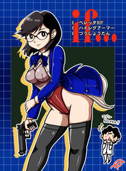  1boy akanezawa_reiko beretta_92 beretta_92f black_hair black_thighhighs blazer blue_bow blue_bowtie blush bow bowtie breasts brown_eyes checkered_background cleavage female glasses gun handgun hazama_ideo high-cut_armor_(persona) highres holding holding_gun holding_weapon jacket karukozaka_high_school_uniform school_uniform shin_megami_tensei shin_megami_tensei:_if... solo_focus sweatdrop thighhighs tomo_shimomu translation_request weapon 