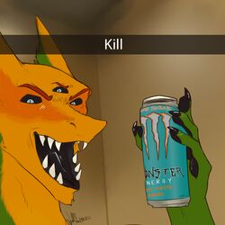  1:1 2022 3_eyes anthro black_sclera black_tongue blue_eyes fingers gemini_the_sergal holding_object looking_at_viewer male monster_energy multi_eye multicolored_body narrowed_eyes sergal sharp_teeth snapchat solo teeth teeth_showing text tongue 