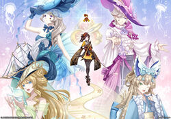  1boy 4girls :d ;d alternate_costume anchor_symbol artist_name ascot bare_shoulders black_gloves black_pants blonde_hair blue_bow blue_bowtie blue_dress blue_eyes blue_gloves blue_hat blue_kimono bow bowtie bracelet breasts brown_eyes brown_hair chiori_(genshin_impact) clarthelunagate cleavage clenched_hands commentary dress dual_wielding english_commentary facial_mark floating flower_(symbol) frilled_shirt frills genshin_impact gloves gradient_background green_dress green_eyes hair_between_eyes hair_ornament hair_over_one_eye hairbow hands_up hat hat_feather heart highres holding holding_clothes holding_hat holding_shell holding_sword holding_weapon japanese_clothes jellyfish jewelry kimono kirara_(genshin_impact) long_hair looking_at_viewer lynette_(genshin_impact) lyney_(genshin_impact) multicolored_background multiple_girls navia_(genshin_impact) one_eye_closed outstretched_arms pants pearl_bracelet purple_ascot purple_eyes purple_hat shell ship shirt smile star_(symbol) star_facial_mark strapless strapless_dress sword tamoto_(genshin_impact) teardrop_facial_mark teeth uraku_misugiri_(genshin_impact) very_long_hair watercraft weapon white_shirt 