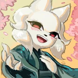  anthro blush cherry_blossom citipati clothed clothing eyelashes female flower fur grin heng_(nine_sols) hi_res mammal nine_sols plant prunus_(flower) red_candle_games red_eyes smile solarian solo teeth tongue tree white_body white_fur 