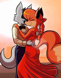  absurd_res anthro blackmore building canid canine canis clothing dress duo female fox freckles hi_res hug iberian_wolf jewelry male male/female mammal patricia_mac_sionnach raised_tail red_fox rodolfo_sanchez romantic romantic_couple sky sun sunset tail true_fox wolf 