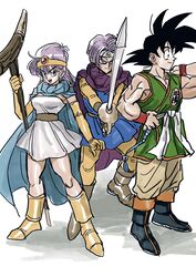  2boys black_hair boots bulma_briefs cape cosplay creator_connection dragon_ball dragon_ball_z dragon_quest dragon_quest_iii female fighter_(dq3) fighter_(dq3)_(cosplay) highres holding holding_sword holding_weapon looking_at_viewer mage_staff mother_and_son multiple_boys purple_hair roto_(dq3) roto_(dq3)_(cosplay) sage_(dq3) sage_(dq3)_(cosplay) sleeveless smile son_goku staff standing sword trunks_(dragon_ball) trunks_(future)_(dragon_ball) uranagi_(uranaginasi) weapon 